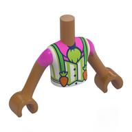 Torse de mini-poupée Garçon avec gilet blanc/vert citron, bretelles vert vif avec carottes, motif imprimé chemise rose foncé, bras et mains nougat moyen (Minidoll Torso Boy with White/Lime Vest, Bright Green Suspenders with Carrots, Dark Pink Shirt Print, Medium Nougat Arms and Hands)