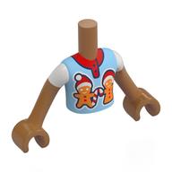 Visuel indicatif Rebrickable de Torse de mini-poupée Garçon avec chemise bleu clair vif, col rouge, motif imprimé Gingerbread Man, bras et mains nougat moyen (Minidoll Torso Boy with Bright Light Blue Shirt, Red Collar, Gingerbread Man Print, Medium Nougat Arms and Hands)