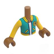 Visuel indicatif Rebrickable de Torse de mini-poupée Garçon avec veste jaune/turquoise foncée, chemise blanche, motif imprimé logo 'L', bras et mains nougat moyen (Minidoll Torso Boy with Yellows/Dark Turquoise Jacket, White Shirt, 'L' Logo Print, Medium Nougat Arms and Hands)