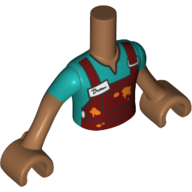 Visuel indicatif Rebrickable de Torse de mini-poupée Garçon avec ensemble rouge foncé, chemise azur foncé, étiquette de nom, motif imprimé taches de graisse, bras et mains nougat moyen (Minidoll Torso Boy with Dark Red Overall, Dark Azure Shirt, Name Tag, Grease Stains Print, Medium Nougat Arms and Hands)