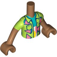 Visuel indicatif Rebrickable de Mini-poupée torse garçon avec chemise à la vert citron avec des tranches de melon d'eau, turquoise foncé / blanc chemise motif imprimé, bras et mains nougat moyen (Minidoll Torso Boy with Lime Shirt with Water Melon Slices, Dark Turquoise/White Shirt Print, Medium Nougat Arms and Hands)