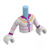 Torse de mini-poupée Garçon avec veste blanche, col orange clair vif, garniture violet foncé / rose vif, motif imprimé pendentif Azur moyen, bras et mains blancs (Minidoll Torso Boy with White Jacket, Bright Light Orange Collar, Dark Purple/Bright Pink Trim, Medium Azure Pendant Print, White Arms and Hands)