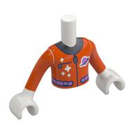 Visuel indicatif Rebrickable de Torse de mini-poupée Garçon avec costume orange rougeâtre, fermeture à glissière, motif imprimé bleu foncé, bras et mains blancs (Minidoll Torso Boy with Reddish Orange Space Suit, Zipper, Dark Blue Trim Print, White Arms and Hands)