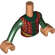 Visuel indicatif Rebrickable de Mini-poupée torse garçon rouge/or tunique, chemise vert foncé motif imprimé, mains nougat (Minidoll Torso Boy Red/Gold Tunic, Dark Green Shirt Print, Nougat Hands)