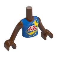 Torse de mini-poupée Garçon avec chemise bleue, symboles rouges/blancs, motif imprimé éclaboussures jaunes, bras et mains brun rougeâtre (Minidoll Torso Boy with Blue Shirt, Red/White Symbols, Yellow Splash Print, Reddish Brown Arms and Hands)