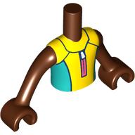 Visuel indicatif Rebrickable de Mini-poupée torse garçon avec combinaison turquoise jaune / foncé, motif imprimé à glissière corail, bras et mains brun rougeâtre (Minidoll Torso Boy with Yellow/Dark Turquoise Wetsuit, Coral Zipper Print, Reddish Brown Arms and Hands)