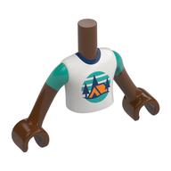 Visuel indicatif Rebrickable de Torse de mini-poupée Garçon avec tente orange, arbres bleu foncé, ciel turquoise foncé, motif imprimé au sol, bras et mains brun rougeâtre (Minidoll Torso Boy with Orange Tent, Dark Blue Trees, Dark Turquoise Sky, Ground Print, Reddish Brown Arms and Hands)