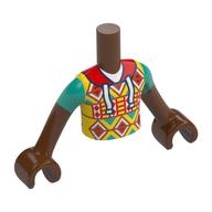 Torse de mini-poupée Garçon avec chemise jaune, décorations rouge/blanc/orange foncé/turquoise foncée, motif imprimé lacets blanches, bras et mains brun rougeâtre (Minidoll Torso Boy with Yellow Shirt, Red/White/Dark Orange/Dark Turquoise Decorations, White Laces Print, Reddish Brown Arms and Hands)