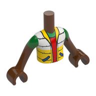Visuel indicatif Rebrickable de Torse de mini-poupée Garçon avec Jackers blanc/jaune, manches vert vif, motif imprimé chemise rouge, bras et mains brun rougeâtre (Minidoll Torso Boy with White/Yellow Puffed Jackers, Bright Green Sleeves, Red Shirt Print, Reddish Brown Arms and Hands)