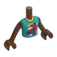 Visuel indicatif Rebrickable de Torse de mini-poupée Garçon avec chemise turquoise foncée, col orange, motif imprimé moto, bras et mains brun rougeâtre (Minidoll Torso Boy with Dark Turquoise Shirt, Orange Collar, Motorcycle Print, Reddish Brown Arms and Hands)