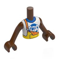 Visuel indicatif Rebrickable de Torse de mini-poupée Garçon avec chemise blanche, koala bleu, jaune dans l'ensemble, orange sangles motif imprimé, bras et mains brun rougeâtre (Minidoll Torso Boy with White Shirt, Blue Koala, Yellow Overall, Orange Straps Print, Reddish Brown Arms and Hands)