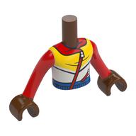Visuel indicatif Rebrickable de Torse de mini-poupée Garçon avec chemise blanche/jaune, sangle rouge foncé, manches, motif imprimé ceinture bleue, bras et mains brun rougeâtre (Minidoll Torso Boy with White/Yellow Shirt, Dark Red Strap, Sleeves, Blue Belt Print, Reddish Brown Arms and Hands)