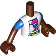 Visuel indicatif Rebrickable de Torse de mini-poupée Garçon avec chemise blanche avec décorations magenta/bleu, lettres jaunes, motif imprimé à manches bleues, bras et mains brun rougeâtre (Minidoll Torso Boy with White Shirt with Magenta/Blue Decorations, Yellow Letters, Blue Sleeves Print, Reddish Brown Arms and Hands)