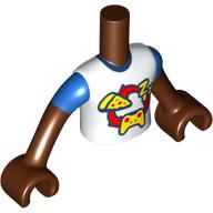 Torse de mini-poupée Garçon avec chemise blanche, pizza jaune, 'ZZZ', contrôleur de jeu, flèche de cercle rouge, motif imprimé de manches bleues, bras et mains brun rougeâtre (Minidoll Torso Boy with White Shirt, Yellow Pizza, 'ZZZ', Game Controller, Red Circle Arrow, Blue Sleeves Print, Reddish Brown Arms and Hands)