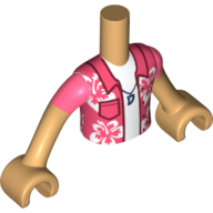 Visuel indicatif Rebrickable de Torse de mini-poupée Garçon avec la chemise de corail avec des fleurs, chemise blanche, dent comme motif imprimé pendentif, bras et mains beige chaud (Minidoll Torso Boy with Coral Shirt with Flowers, White Shirt, Tooth as Pendant Print, Warm Tan Arms and Hands)