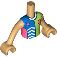 Visuel indicatif Rebrickable de Torse de mini-poupée Garçon avec chemise bleue/vert citron/corale, bouclier, motif imprimé col bleu foncé, bras et mains beige chaud (Minidoll Torso Boy with Blue/Lime/Coral Shirt, Shield, Dark Blue Collar Print, Warm Tan Arms and Hands)