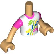 Visuel indicatif Rebrickable de Torse de mini-poupée Garçon avec chemise blanche, manches rose foncé, motif imprimé décorations, bras et mains beige chaud (Minidoll Torso Boy with White Shirt, Dark Pink Sleeves, Decorations Print, Warm Tan Arms and Hands)