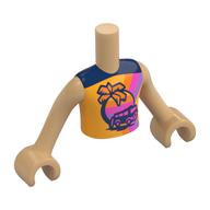 Visuel indicatif Rebrickable de Torse de mini-poupée Garçon avec chemise orange clair vif, palmier bleu foncé, fourgonnette, motif imprimé coucher de soleil, bras et mains beige chaud (Minidoll Torso Boy with Bright Light Orange Shirt, Dark Blue Palm Tree, Van, Sunset Print, Warm Tan Arms and Hands)