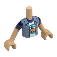 Torse de mini-poupée Garçon avec veste bleu sable, tente orange, arbres bleu foncé, ciel turquoise foncé, motif imprimé au sol, bras et mains beige chaud (Minidoll Torso Boy with Sand Blue Jacket, Orange Tent, Dark Blue Trees, Dark Turquoise Sky, Ground Print, Warm Tan Arms and Hands)
