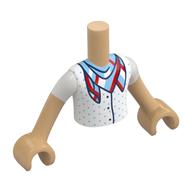 Visuel indicatif Rebrickable de Mini-poupée torse garçon avec chemise blanche, lumineux bleu clair points, lumineux bleu clair/rouge/blanc motif imprimé écharpe, bras et mains beige chaud (Minidoll Torso Boy with White Shirt, Bright Light Blue Dots, Bright Light Blue/Red/White Scarf Print, Warm Tan Arms and Hands)