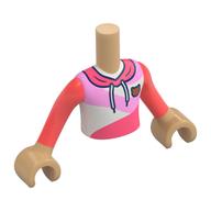 Visuel indicatif Rebrickable de Torse de mini-poupée Garçon avec sweat à capuche blanc/rose vif/corail, badge Kitty or, motif imprimé Lacets, bras et mains beige chaud (Minidoll Torso Boy with White/Bright Pink/Coral Hoodie, Gold Kitty Badge, Laces Print, Warm Tan Arms and Hands)