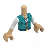 Visuel indicatif Rebrickable de Torse de mini-poupée Garçon avec chemise blanche et gilet turquoise foncé, motif imprimé ceinture bleu foncé, bras et mains beige chaud (Minidoll Torso Boy with White Shirt and Dark Turquoise Vest, Dark Blue Belt Print, Warm Tan Arms and Hands)