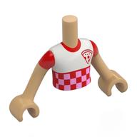 Visuel indicatif Rebrickable de Torse de mini-poupée Garçon avec chemise blanche, manches rouges, pizza, motif imprimé carrés rouges / roses vifs, bras et mains beige chaud (Minidoll Torso Boy with White Shirt, Red Sleeves, Pizza, Red/Bright Pink Squares Print, Warm Tan Arms and Hands)