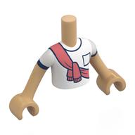 Visuel indicatif Rebrickable de Torse de mini-poupée Garçon avec chemise blanche, bordure bleu foncé, motif imprimé écharpe corail, bras et mains beige chaud (Minidoll Torso Boy with White Shirt, Dark Blue Trim, Coral Scarf Print, Warm Tan Arms and Hands)