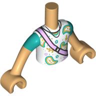 Visuel indicatif Rebrickable de Torse de mini-poupée Garçon avec chemise blanche, décorations or / turquoise foncé, manches, motif imprimé Lavande sangle, bras et mains beige chaud (Minidoll Torso Boy with White Shirt, Gold/Dark Turquoise Decorations, Sleeves, Lavender Strap Print, Warm Tan Arms and Hands)