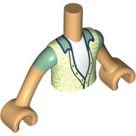 Visuel indicatif Rebrickable de Torse de mini-poupée Garçon avec veste vert jaunâtre, manches bleu sable, motif imprimé chemise blanche, bras et mains beige chaud (Minidoll Torso Boy with Yellowish Green Jacket, Sand Blue Sleeves, White Shirt Print, Warm Tan Arms and Hands)