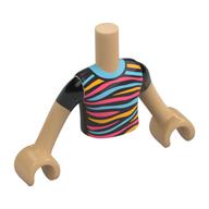 Torse de mini-poupée garçon avec chemise noire, moyen azur/brillant orange clair/corail rayures motif imprimé, bras et mains beige chaud (Minidoll Torso Boy with Black Shirt, Medium Azure/Bright Light Orange/Coral Stripes Print, Warm Tan Arms and Hands)