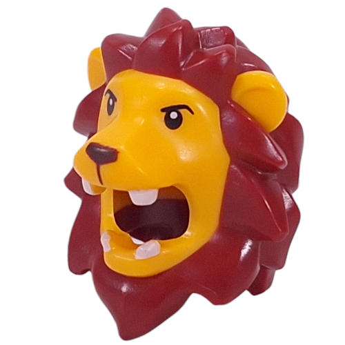 Costume / Masque, Lion à la crinière rouge foncé, Yeux noirs, Crocs blancs motif imprimé (Costume / Mask, Lion with Dark Red Mane, Black Eyes, White Fangs Print)