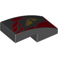 Visuel indicatif Rebrickable de Brique courbée 2 x 1 Non tenons avec œil droit jaune, motif imprimé rayures rouges (Brick Curved 2 x 1 No Studs with Yellow Right Eye, Red Stripes Print)