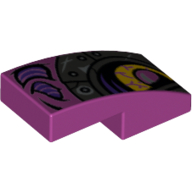 Visuel indicatif Rebrickable de Brique courbée 2 x 1 sans tenons avec œil jaune, pupille rose métal, motif imprimé armure argent (Brick Curved 2 x 1 No Studs with Yellow Eye, Metal Pink Pupil, Silver Armor Print)