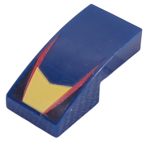 Visuel indicatif Rebrickable de Brique courbée 2 x 1 Non tenons avec forme jaune, lignes rouges, motif imprimé Triangles noirs (Brick Curved 2 x 1 No Studs with Yellow Shape, Red Lines, Black Triangles Print)