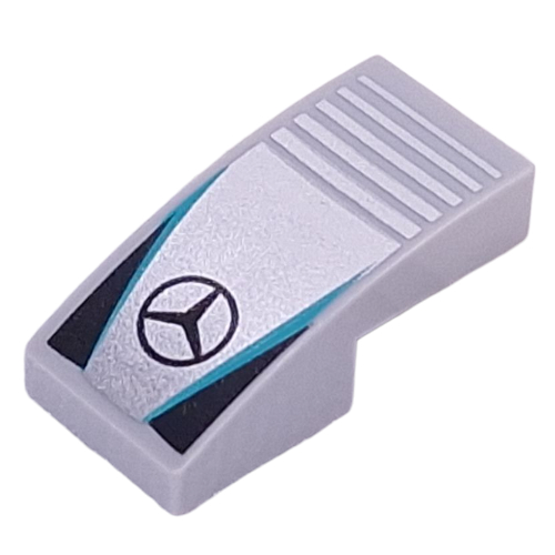 Visuel indicatif Rebrickable de Brique incurvée 2 x 1 sans tenons avec symbole mercedes, lignes turquoise foncé, motif imprimé triangles noirs (Brick Curved 2 x 1 No Studs with Mercedes Symbol, Dark Turquoise Lines, Black Triangles Print)