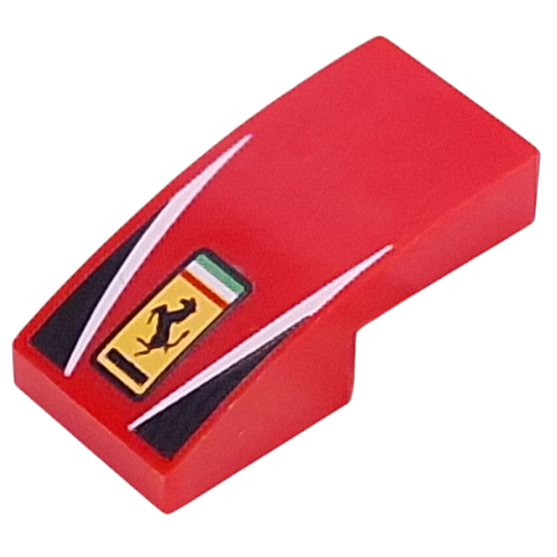 Visuel indicatif Rebrickable de Brique courbée 2 x 1 Non tenons avec Ferrari Logo, lignes blanches, motif imprimé Triangles noirs (Brick Curved 2 x 1 No Studs with Ferrari Logo, White Lines, Black Triangles Print)