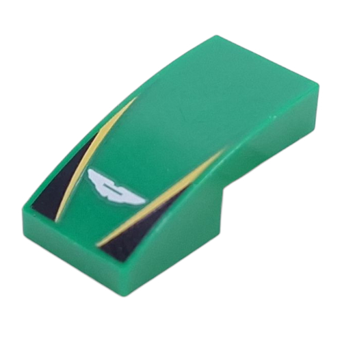 Visuel indicatif Rebrickable de Brique courbée 2 x 1 Non tenons avec logo Aston Martin blanc, lignes jaunes, motif imprimé Triangles noirs (Brick Curved 2 x 1 No Studs with White Aston Martin Logo, Yellow Lines, Black Triangles Print)