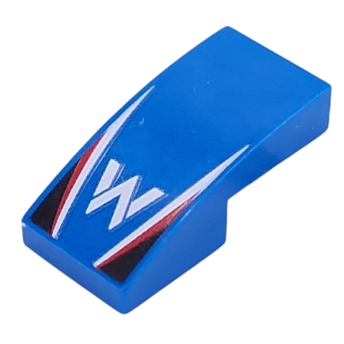 Visuel indicatif Rebrickable de Brique courbée 2 x 1 Non tenons avec blanc 'W', rayures blanches/rouges, motif imprimé de triangles noirs (Brick Curved 2 x 1 No Studs with White 'W', White/Red Stripes, Black Triangles Print)