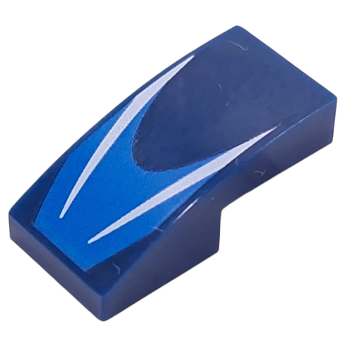 Visuel indicatif Rebrickable de Brique courbée 2 x 1 Non tenons avec des rayures blanches sur fond bleu motif imprimé (Brick Curved 2 x 1 No Studs with White Stripes on Blue Background Print)