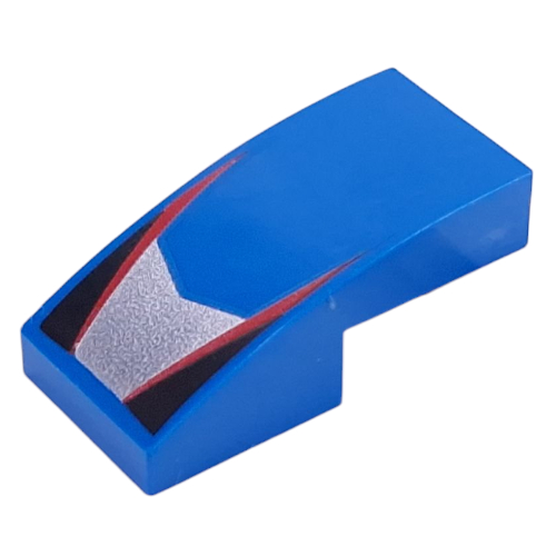 Visuel indicatif Rebrickable de Brique courbée 2 x 1 Non tenons avec des rayures rouges, des triangles noirs, motif imprimé de forme argentée (Brick Curved 2 x 1 No Studs with Red Stripes, Black Triangles, Silver Shape Print)