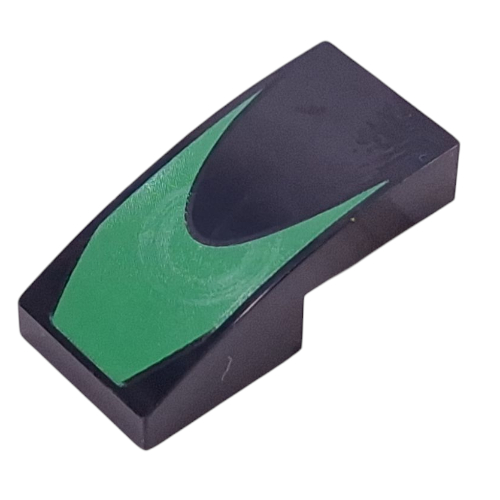 Visuel indicatif Rebrickable de Brique courbée 2 x 1 sans tenons avec motif imprimé de forme vert vif (Brick Curved 2 x 1 No Studs with Bright Green Shape Print)