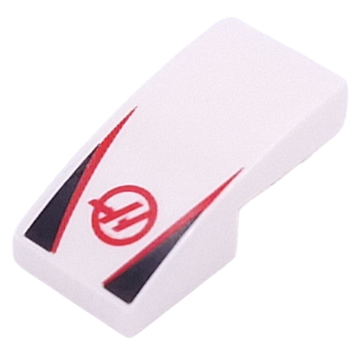 Visuel indicatif Rebrickable de Brique courbée 2 x 1 Non tenons avec logo HAAS rouge, bandes rouges, motif imprimé Triangles noirs (Brick Curved 2 x 1 No Studs with Red HAAS Logo, Red Strips, Black Triangles Print)