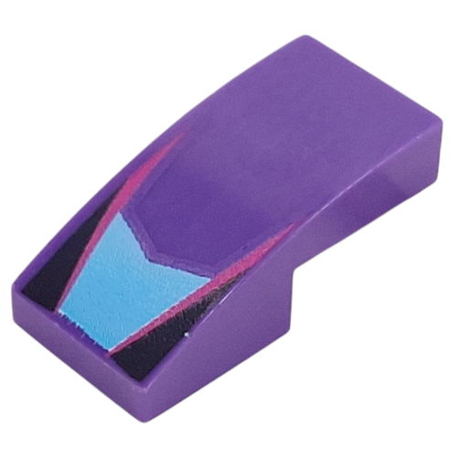Visuel indicatif Rebrickable de Brique courbée 2 x 1 Non tenons avec la forme d'azur moyen, lignes magenta, motif imprimé de triangles noirs (Brick Curved 2 x 1 No Studs with Medium Azure Shape, Magenta Lines, Black Triangles Print)