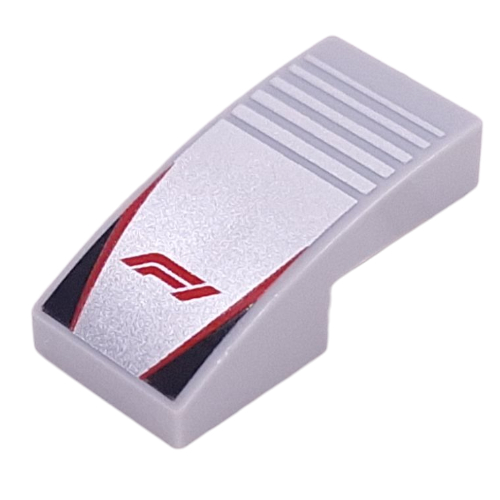 Visuel indicatif Rebrickable de Brique courbée 2 x 1 Non tenons avec motif imprimé rouge 'F1', lignes rouges, triangles noirs sur fond argenté (Brick Curved 2 x 1 No Studs with Red 'F1', Red Lines, Black Triangles on Silver Striped Background Print)