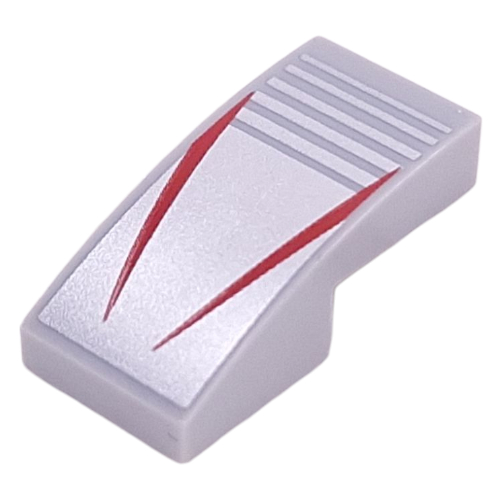 Visuel indicatif Rebrickable de Brique courbée 2 x 1 Non tenons avec des rayures rouges sur fond argenté motif imprimé (Brick Curved 2 x 1 No Studs with Red Stripes on Silver Striped Background Print)