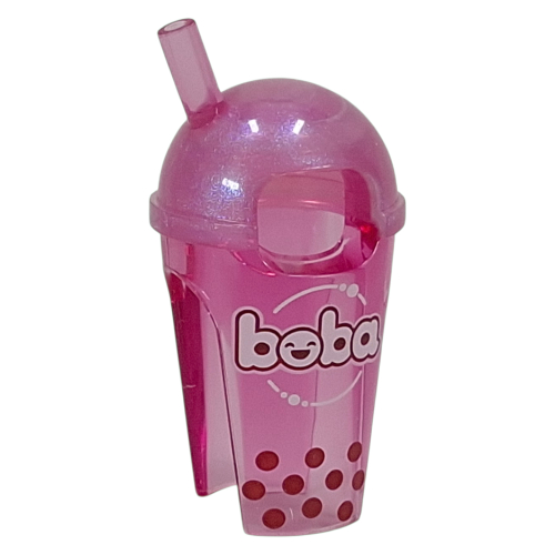 Costume tasse et costume de paille avec couvercle rose opale-transparent, blanc 'boba', motif imprimé points rouge foncé (Costume Cup and Straw Suit with Opal-Trans Pink Lid, White 'boba', Dark Red Dots Print)