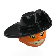 Tête de minifigurine spéciale, chat avec chapeau noir, yeux vert vif, nez beige, moustaches noires motif imprimé (puss in boots) (Minifig Head Special, Cat with Black Hat, Bright Green Eyes, Tan Nose, Black Whiskers Print (Puss in Boots))