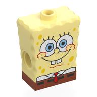 Visuel indicatif Rebrickable de Minifigurine corps spécial, Bob l'éponge avec motif de pantalon carré orange foncé, yeux blancs/bleu clair, chemise blanche, motif imprimé cravate rouge (Minifig Body Special, SpongeBob with Dark Orange Square Pants Pattern, White/Bright Light Blue Eyes, White Shirt, Red Tie Print)