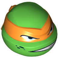 Visuel indicatif Rebrickable de Tête de minifigurine Spécial, Tortue Ninja avec masque orange et motif imprimé de regard menaçant (Michelangelo) (Minifig Head Special, Ninja Turtle with Orange Mask and Scowl Print (Michelangelo))
